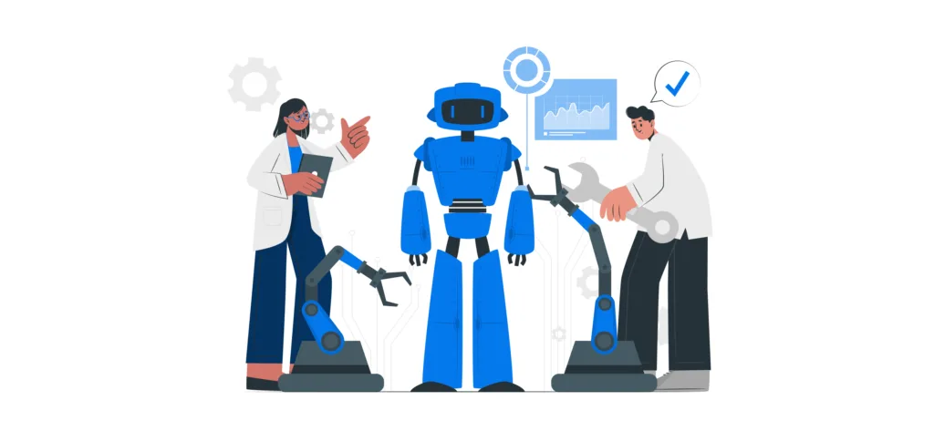A robot stands beside two individuals, symbolizing the benefits and challenges of automation testing in modern technology.