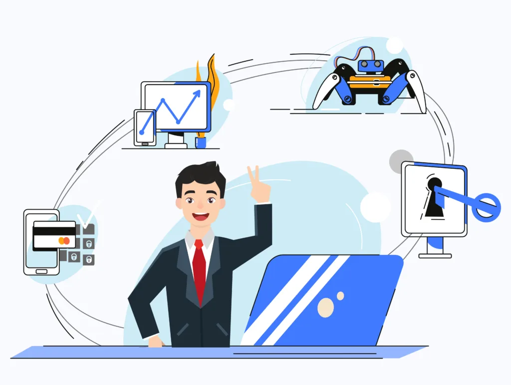 A professional in a suit amidst a sea of software icons, symbolizing the vast options in the tech field.