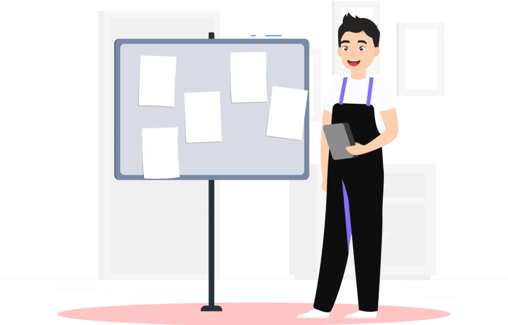 A man in standing next to a whiteboard, discussing cloud migration strategy.