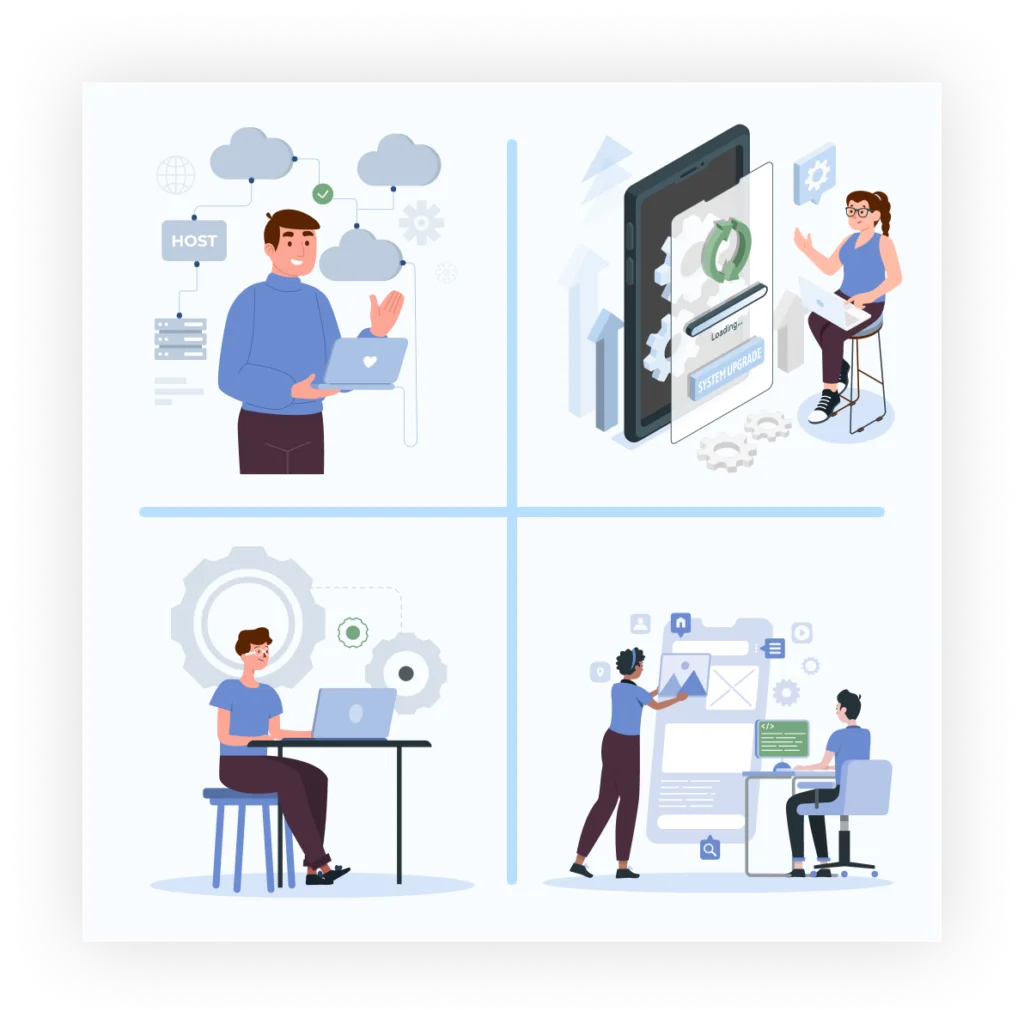 Four people working on laptops, representing different approaches to migrating applications to the cloud: re-hosting, re-platforming, refactoring, and rebuilding.