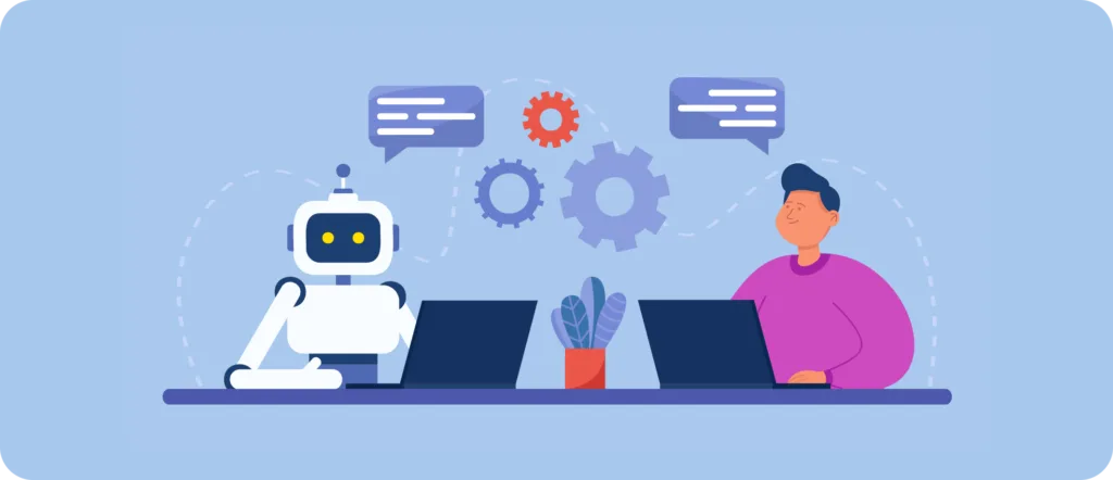 A individual using laptop with a robot in the beside him using a laptop, symbolizing Ai in education
AI changing the education world wherever you want