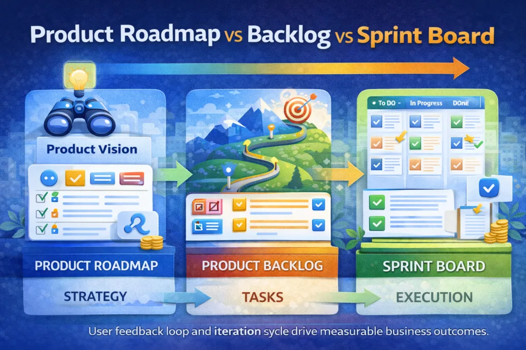 Product Roadmap vs Backlog vs Sprint Board