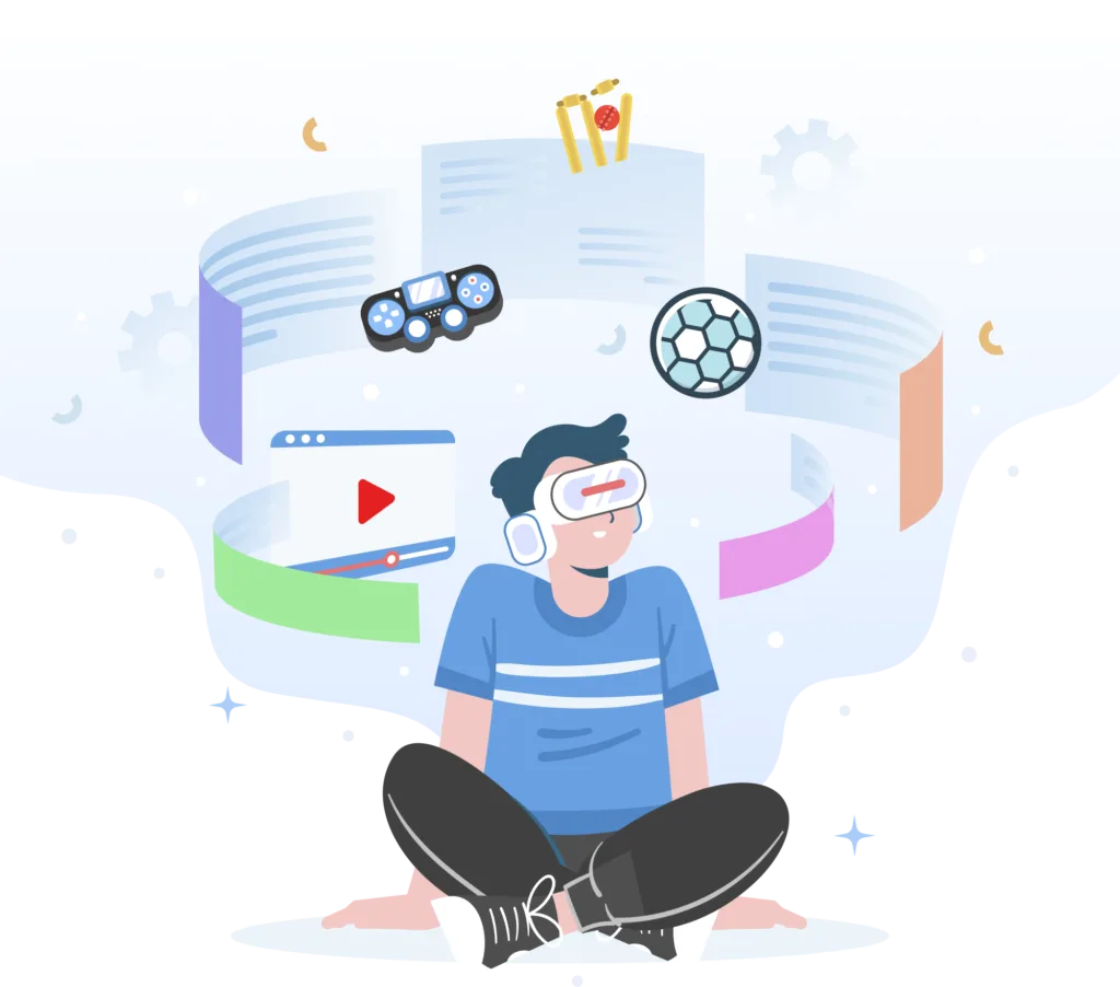 A boy wearing a VR headset, fully immersed in a sports game, sitting with intense focus.