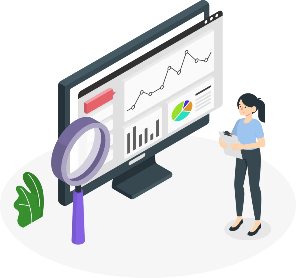 A laptop with a magnifying glass on the screen, symbolizing search engine optimization.